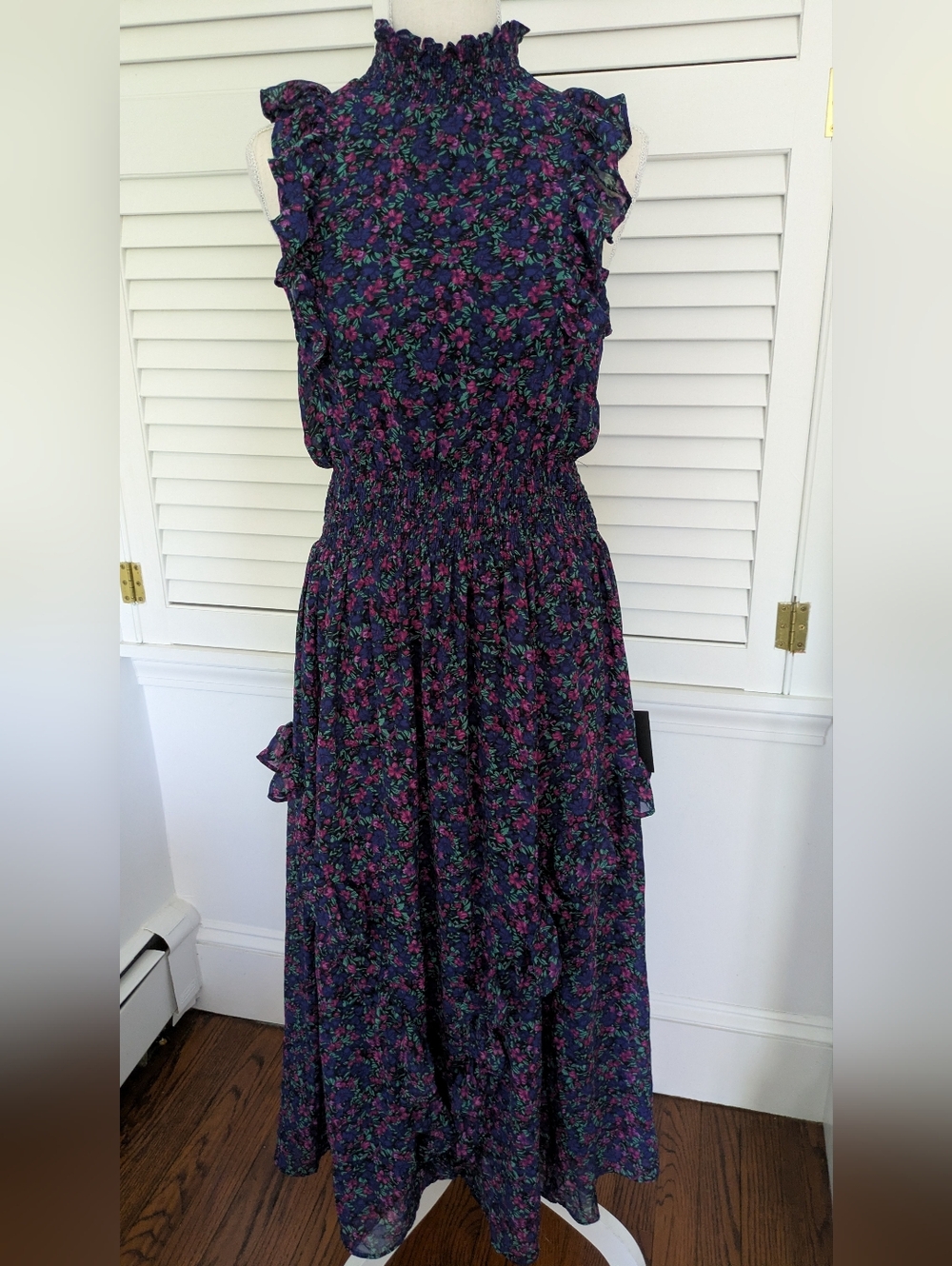 Lulus Evalina Navy Blue Floral Print Mock Neck Midi Dress, Sz M